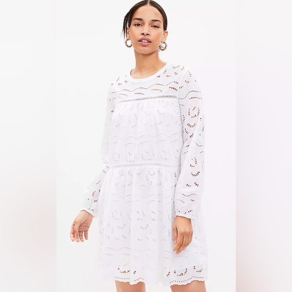 LOFT Dresses & Skirts - Loft White Eyelet bridal Lace Mini Dress Boho Cottagecore Scallop Hem Large Tall